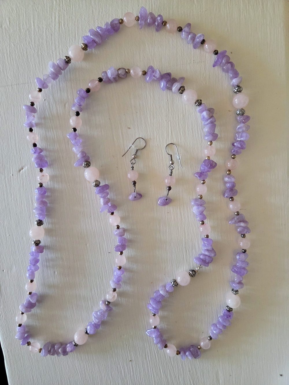Amethyst Rose Quartz Chip Bead Long Strand Necklace & Dangle Earrings Set
